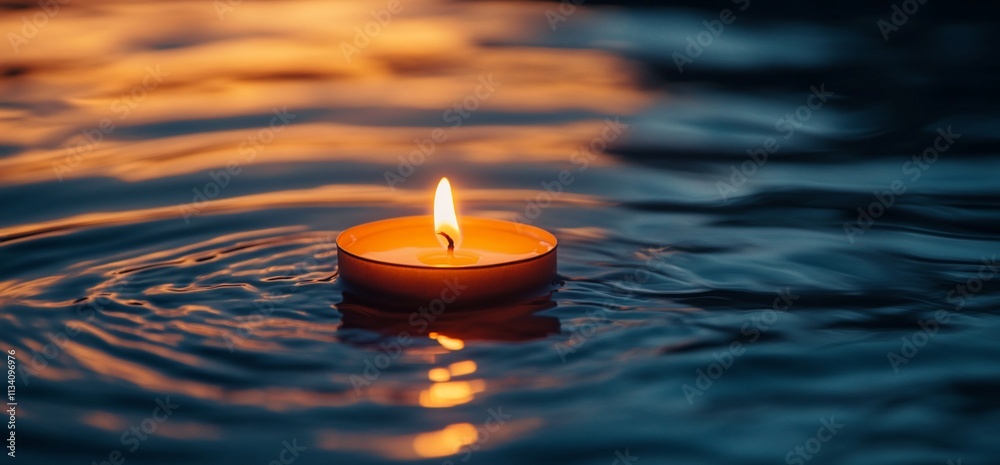 Poster a lit candle floating on water, creating a serene and tranquil ambiance.