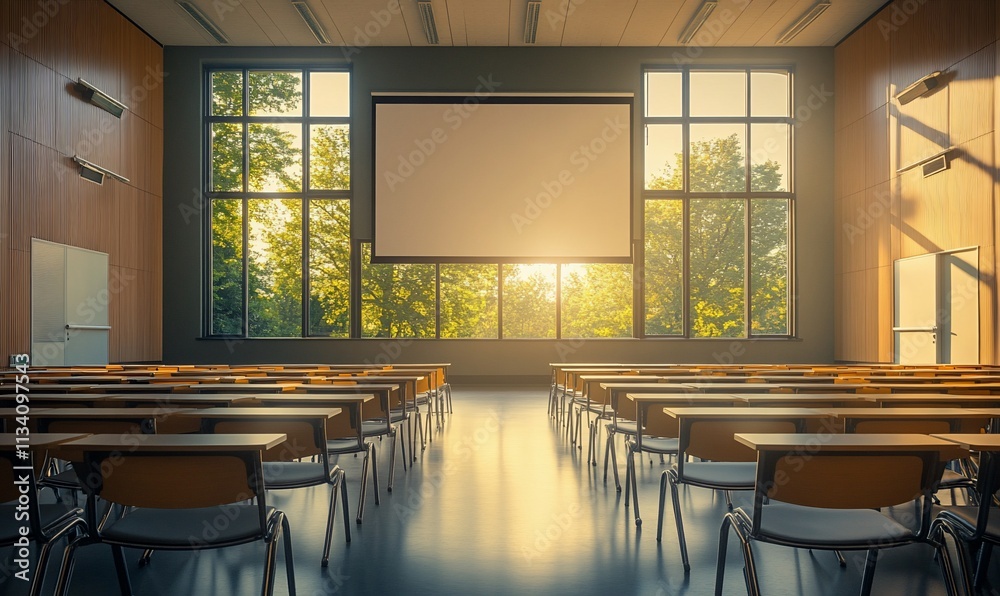 Aufkleber a modern classroom with rows of desks and large windows showcasing nature.