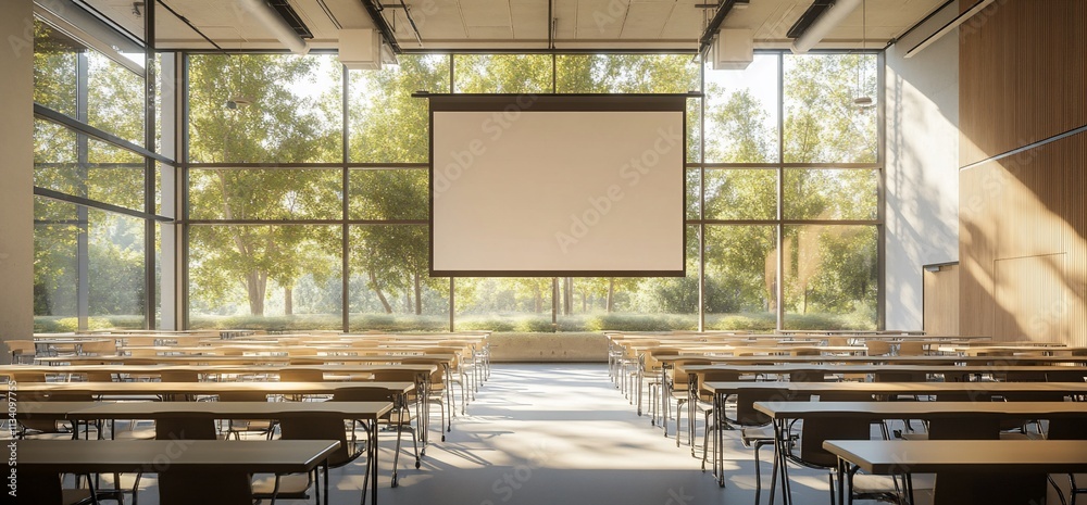 Poster A modern classroom with tables facing a large projection screen.