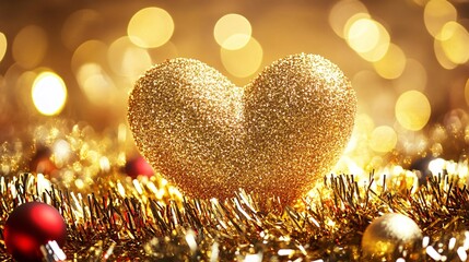 A glittering gold heart-shaped decoration, surrounded by sparkling tinsel and baubles on a glowing Christmas background