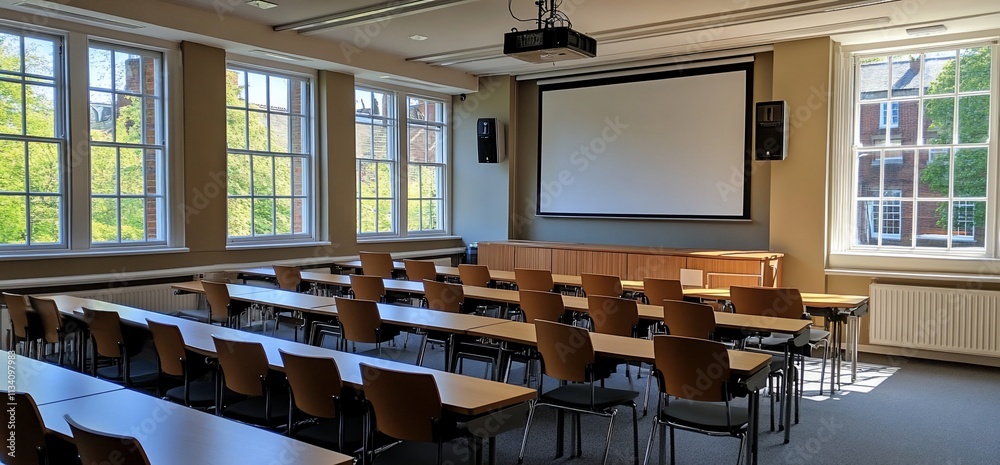 Poster A modern classroom with rows of desks and a large projection screen.