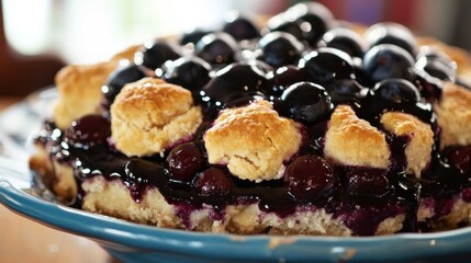 A delicious blueberry cobbler topped with fresh blueberries and syrup on a blue plate.