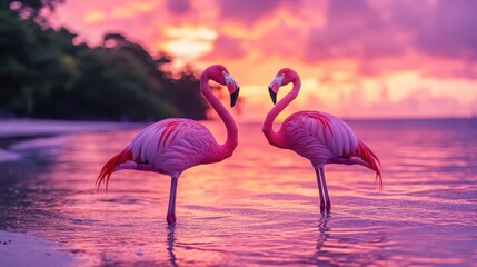 Fototapeta premium Stunning Sunset Silhouette of Two Flamingos in Vibrant Pink and Orange Hues by the Tranquil Ocean Shoreline
