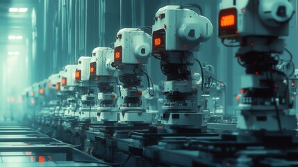 Fototapeta premium Automated robotics assembly line modern factory industrial technology high-tech environment futuristic viewpoint innovation concept