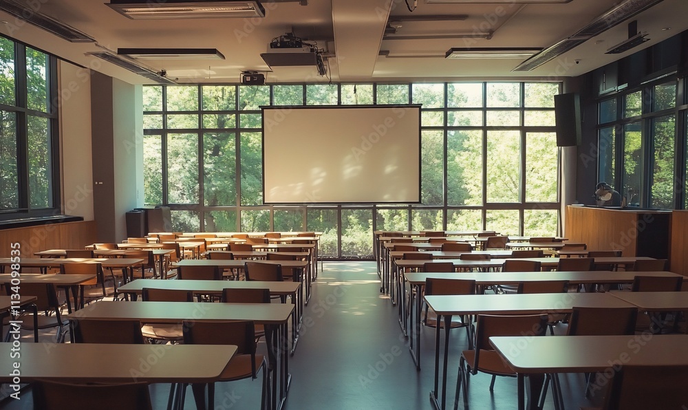 Aufkleber A modern classroom with rows of desks and large windows for natural light.