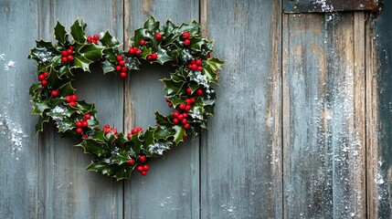 A heart-shaped wreath made of holly leaves and berries, hung against a rustic wooden door with snow-dusted edges