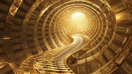 Wealth Ascension: Golden Cash Spiral Staircase into Glitching Vortex of Light - Photorealistic Ultra-Detailed Artwork