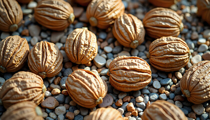 a close up of some nuts in shells on pebbles