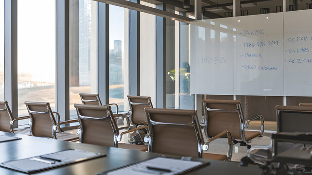 Empty meeting room with scattered budget papers and vacant chairs, symbolizing the aftermath of intense decision-making and strategic planning sessions.