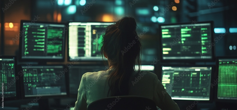 Leinwandbilder A person working at multiple computer screens displaying data and analysis.