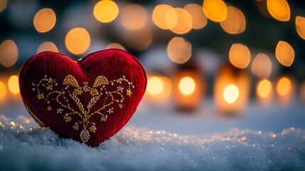 Fototapeta premium A red velvet heart ornament with gold embroidery, placed on a snowy surface with glowing lanterns in the background