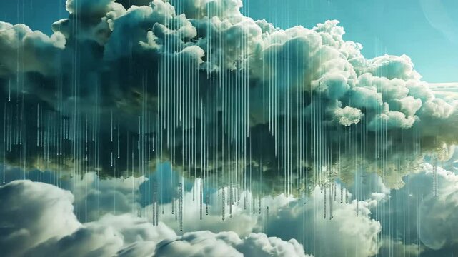 This computer generated video showcases a cloud floating gracefully in a clear blue sky, A surreal cloudscape crafted from floating binary digits