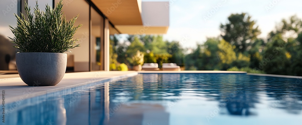 Poster a serene modern poolside view with lush greenery and a tranquil atmosphere.
