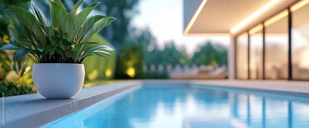 Poster a serene poolside scene featuring a potted plant and modern architecture.
