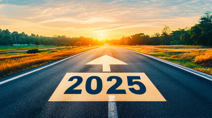 Road to 2025 with an empty road with written "2025" and arrow pointing towards the horizon to represent the future and positivity and success. Unsplash


