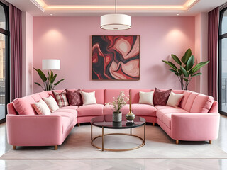 Pink living room interior with elegant furniture stylish cushions and beautiful decor 