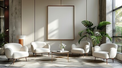 Fototapeta premium Modern spacious living room with cream furniture, plants, and large framed artwork.