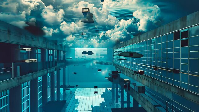 A Long Hallway With a Sky Filled With Clouds, A surreal video of a 'data pool', representing storage, with both NAS and cloud diving into it