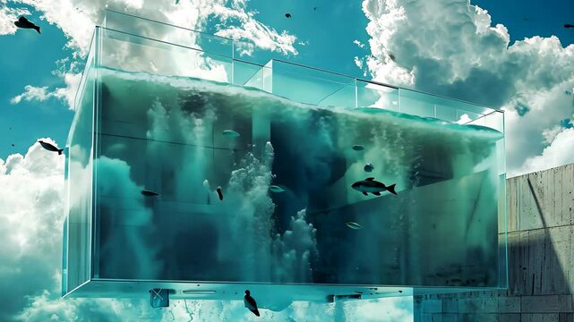 A Surreal video of a Building in the Sky, A surreal video of a 'data pool', representing storage, with both NAS and cloud diving into it