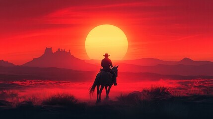 Cowboy riding into sunset desert landscape scenic photography dramatic environment wide-angle view western concept