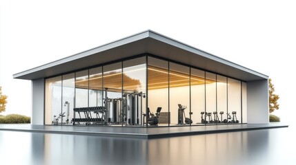 Modern gym facility with glass walls and various exercise equipment.