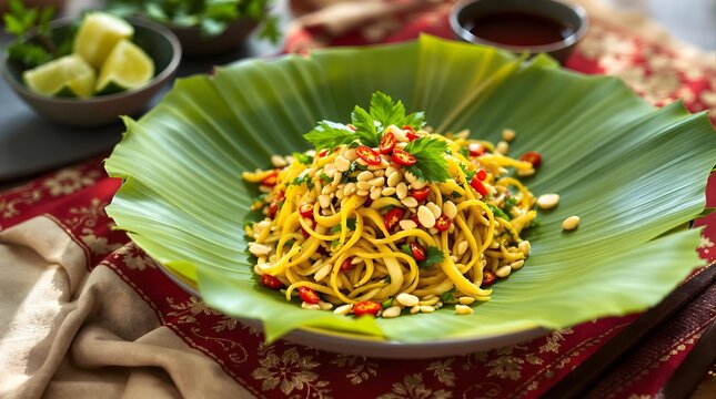 Tam Mak Kuay Banana Flower Salad with Lime and Fish Sauce - Spicy Laotian Dish (Laotian Cuisine)