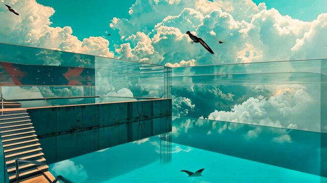 Surreal video of Sky With Clouds and Stairs, A surreal video of a 'data pool', representing storage, with both NAS and cloud diving into it