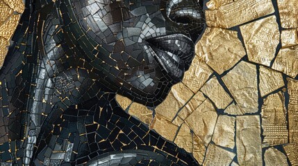 black and gold mosaic of black woman body with golden accents, close up, high detail, smooth shading, intricate details, hyper realistic