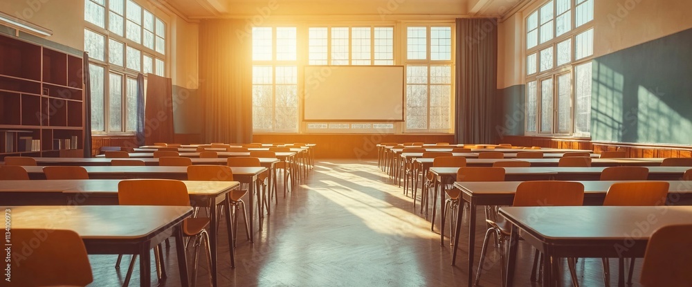Poster a sunlit classroom with empty desks and a projection screen.