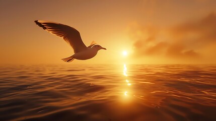A lone seagull gliding over the water, illuminated by the warm colors of sunset.