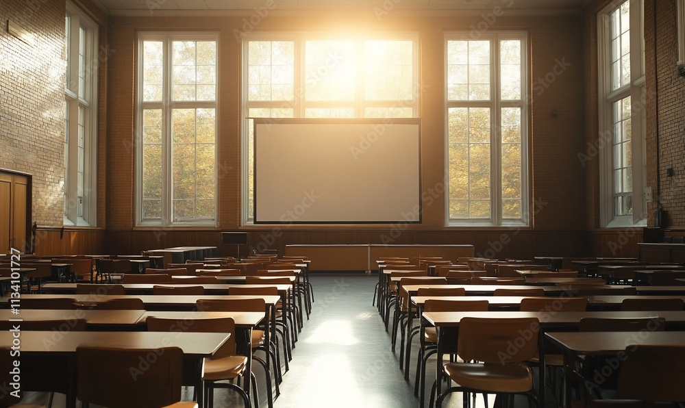Poster a sunlit classroom with rows of desks and a projection screen.