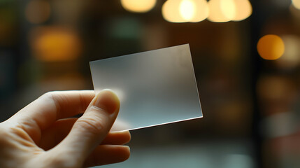 Hand holding a frosted business card with blurred interior background