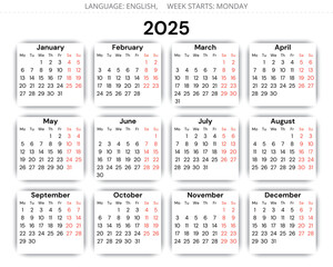 2025 year english calendar with 12 months. Vector illustration. Week starts monday