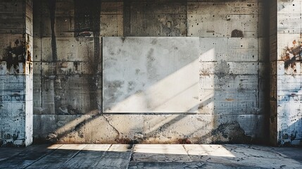 Industrial interior with concrete walls, large shadows, and rustic textures.