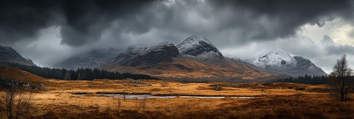 A large mountain range is in the background with a cloudy sky. The sky is dark and the mountains are covered in snow. The landscape is desolate and barren