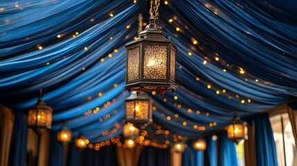 Elegant lanterns hang under blue draped fabric with fairy lights.