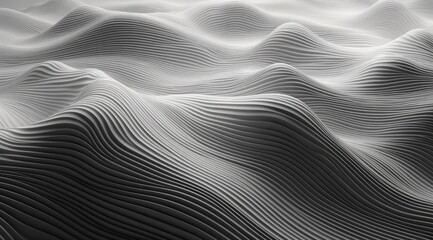 Obraz premium Black and white lines and point, 3D texture relief, undulating mountain range with thin lines