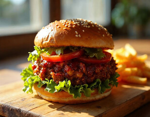 Mouthwatering Burger with Juicy Patty and Fresh Vegetables in Natural Lighting