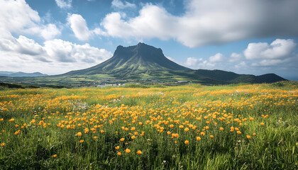 Fototapeta premium Serene landscape of a mountain and vibrant yellow flowers field under a cloudy sky