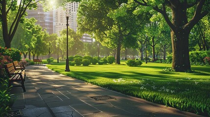 Obraz premium Beautiful green urban park with a walking path, trees, and bright sunlight filtering through leaves.