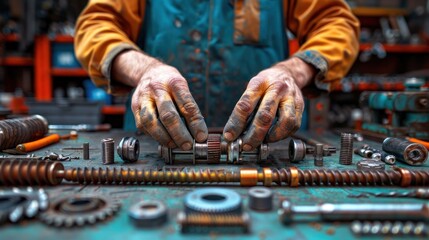Close-up of mechanic's hands inspecting small metal parts on a workbench.