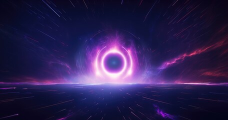 black hole, beautiful color background with beautiful rays of light, black silhouette spaceship flying towards the center of space