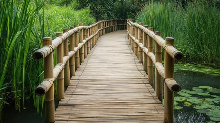 Obraz premium A bamboo pedestrian walkway over a wetland, with sturdy rails and an organic design complementing the natural environment