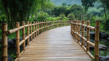 Fototapeta premium A bamboo pedestrian walkway over a wetland, with sturdy rails and an organic design complementing the natural environment