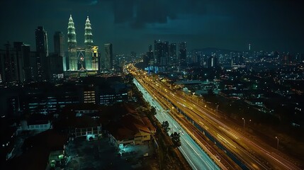 Obraz premium Kuala Lumpur's Freeway and Cityscape at Night