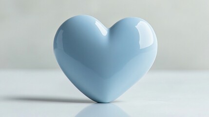 Fototapeta premium A smooth ceramic heart in pastel blue, resting on a clean white surface with faint natural lighting from one side