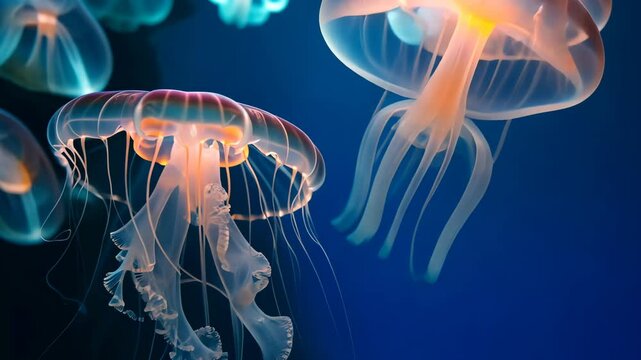 A Group of Jellyfish Floating in the Water, A symphony of jellyfish, creating a play of colors and lights under the sea