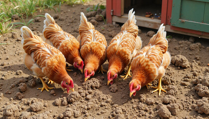 Fototapeta premium Colorful chickens foraging in the dirt near a small coop on a sunny day