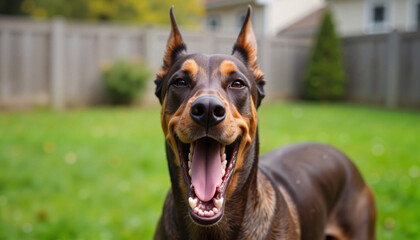 Happy Doberman playing in a green backyard surrounded by a wooden fence during a sunny afternoon