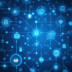 Fototapeta premium Abstract digital technology background showcasing interconnected icons representing various concepts such as communication, networking, and information exchange in blue tones